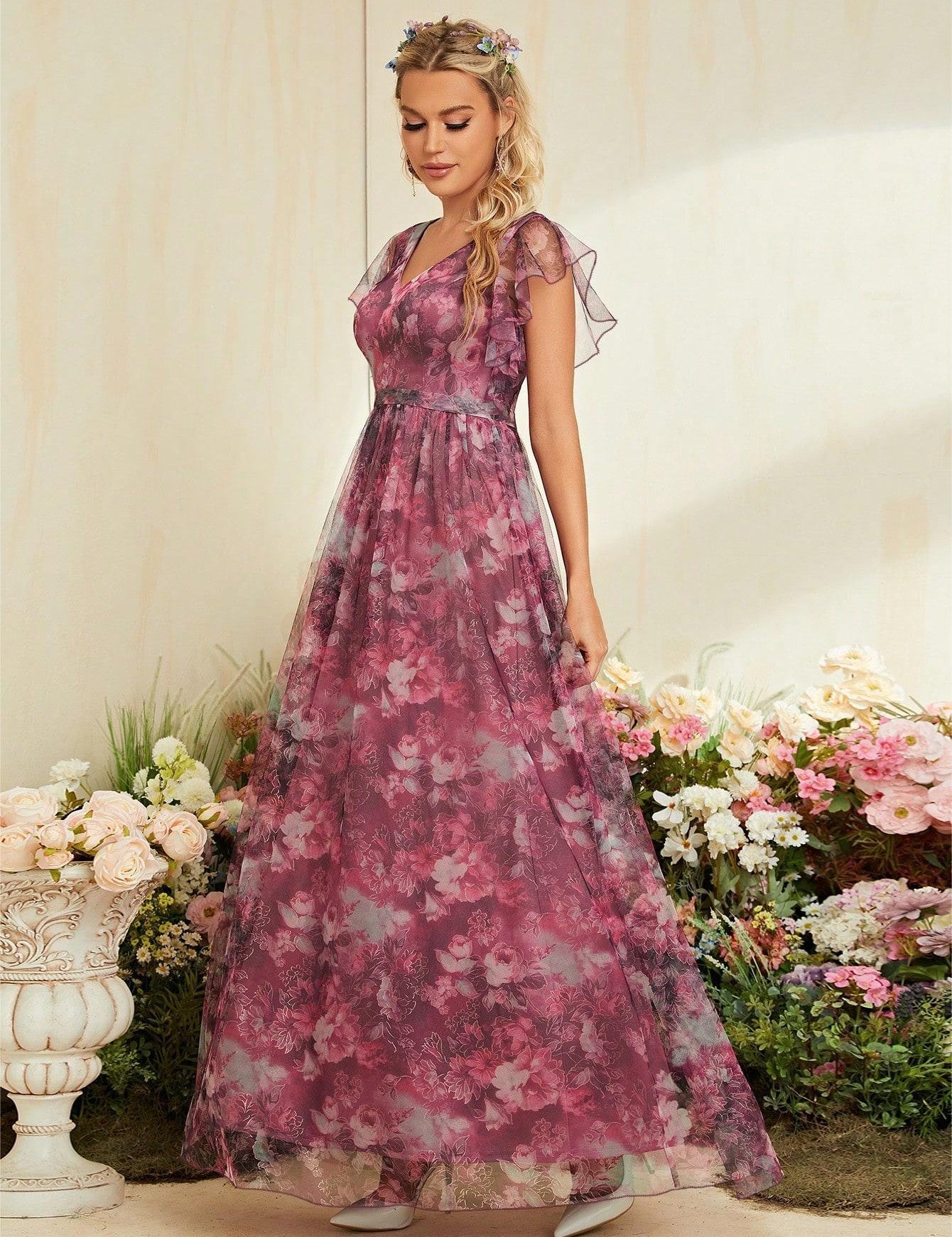 Isabella Reeves | Floral Graduation Dress With Tulle Overlay For Women