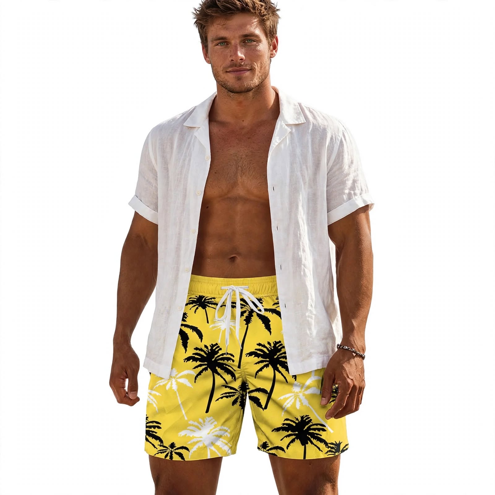 Callum Ridley | Yellow Palm Print Summer Shorts For Men