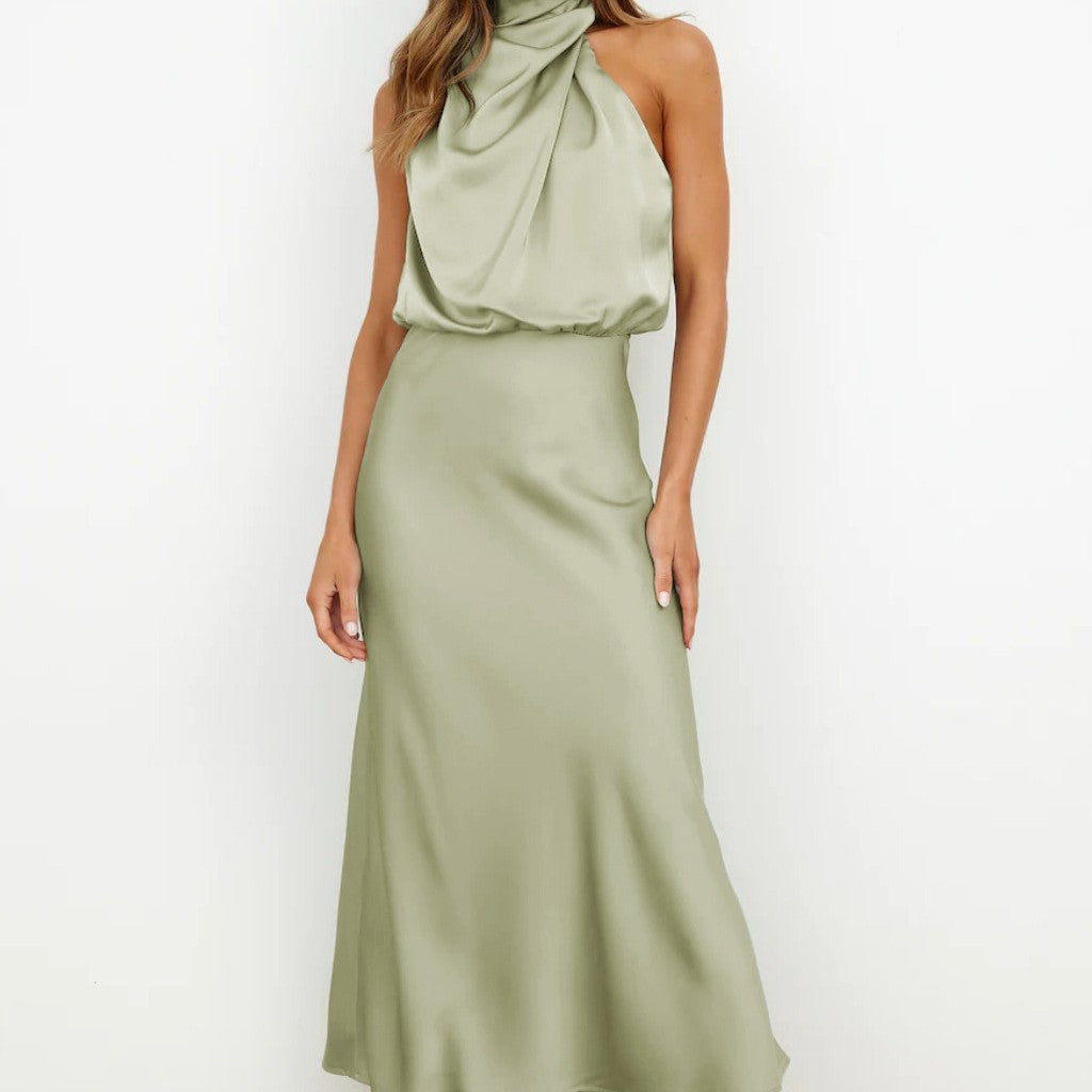 Diletta Ostmore | Draped Halter Neck Satin-Look Maxi Dress For Women