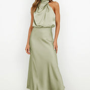Diletta Ostmore | Draped Halter Neck Satin-Look Maxi Dress For Women