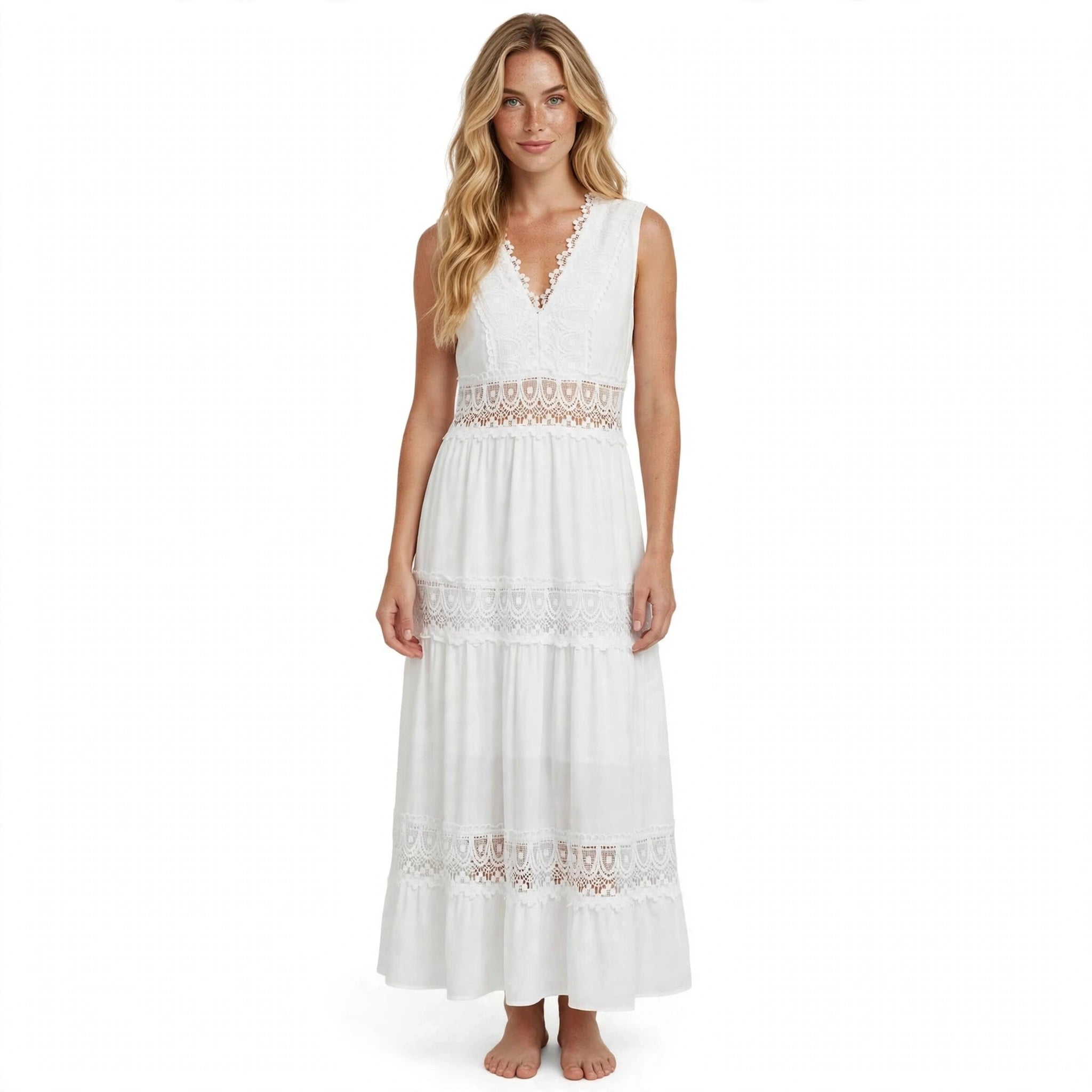 Amalia Henbridge | White Lace Trim V-Neck Midi Dress For Women
