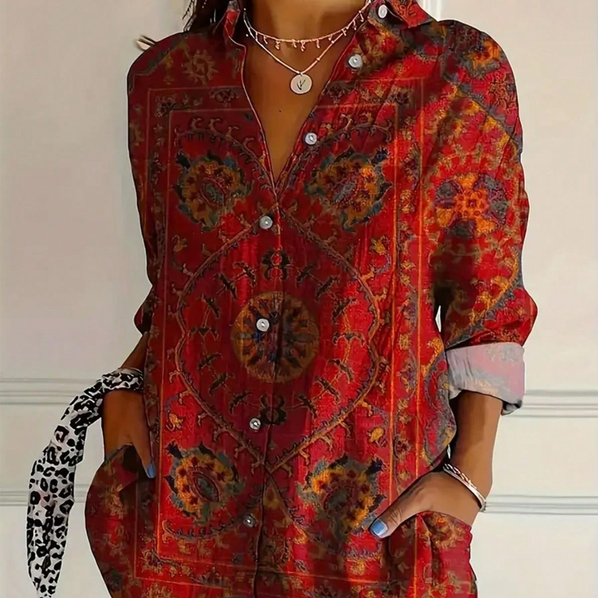 Brunella Swinford | Red Retro Print Button-Up Shirt For Women