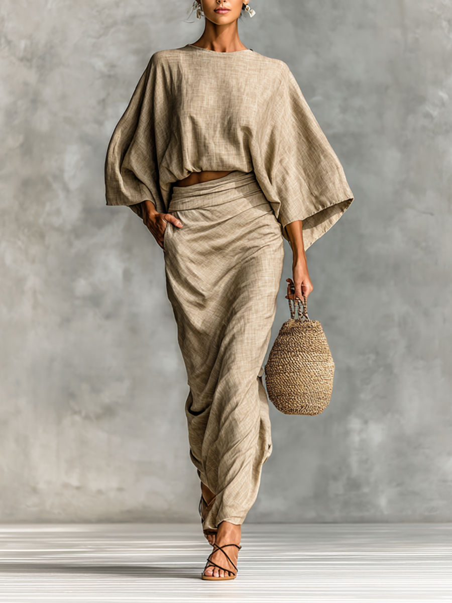 Evie Sherwin | Linen-Blend Batwing Top and Maxi Skirt Set For Women