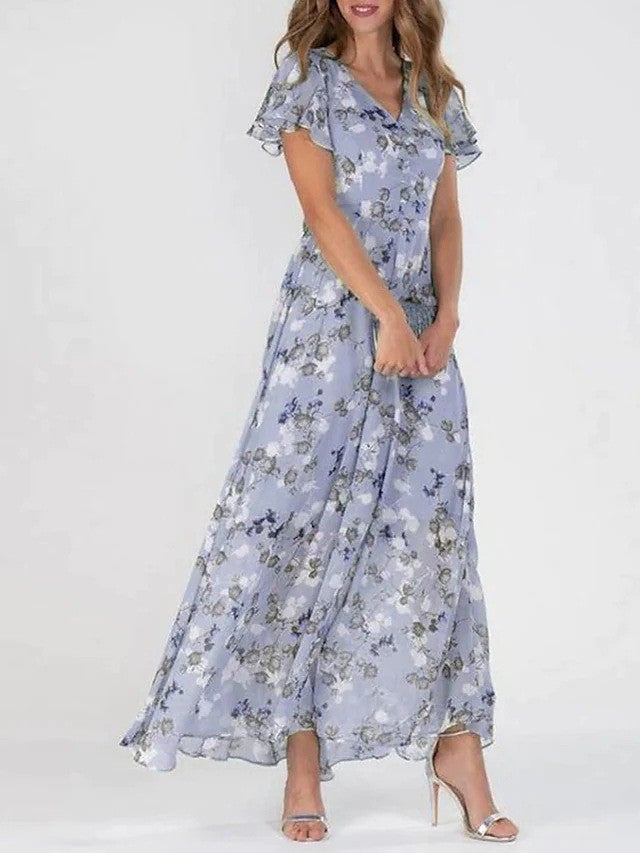 Agata Stanmore | Floral Flutter Sleeve V-Neck Maxi Dress For Women