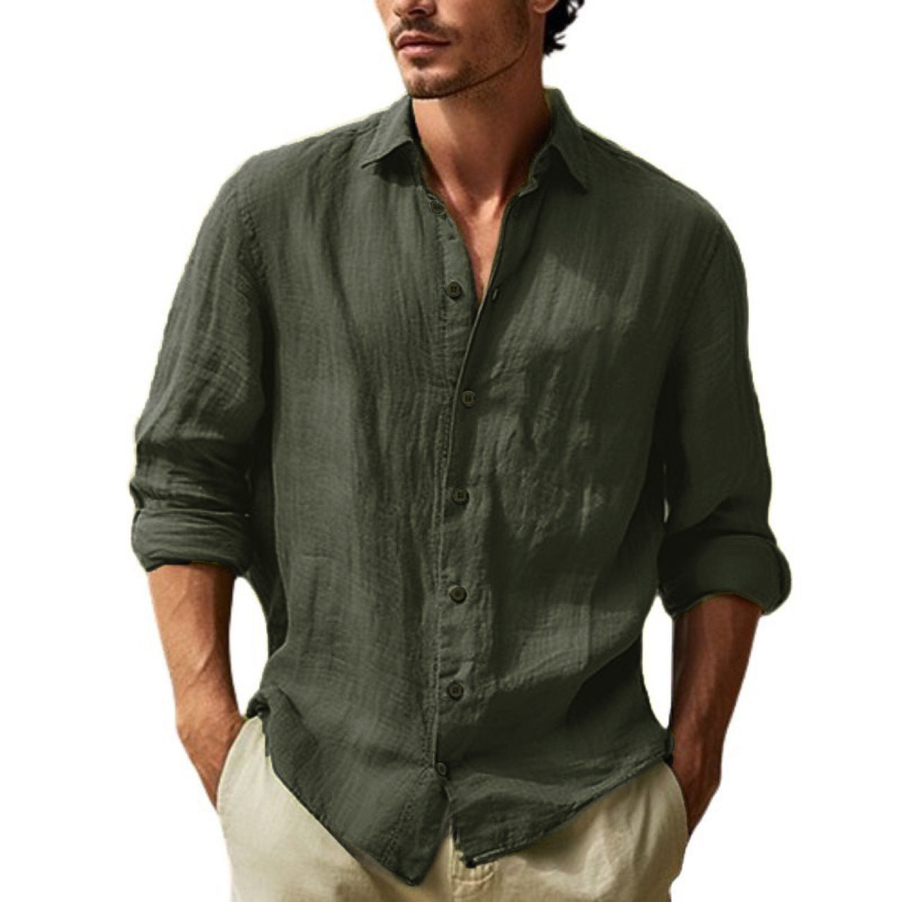Basilio Levbrook | Linen-Look Long Sleeve Button-Up Shirt For Men