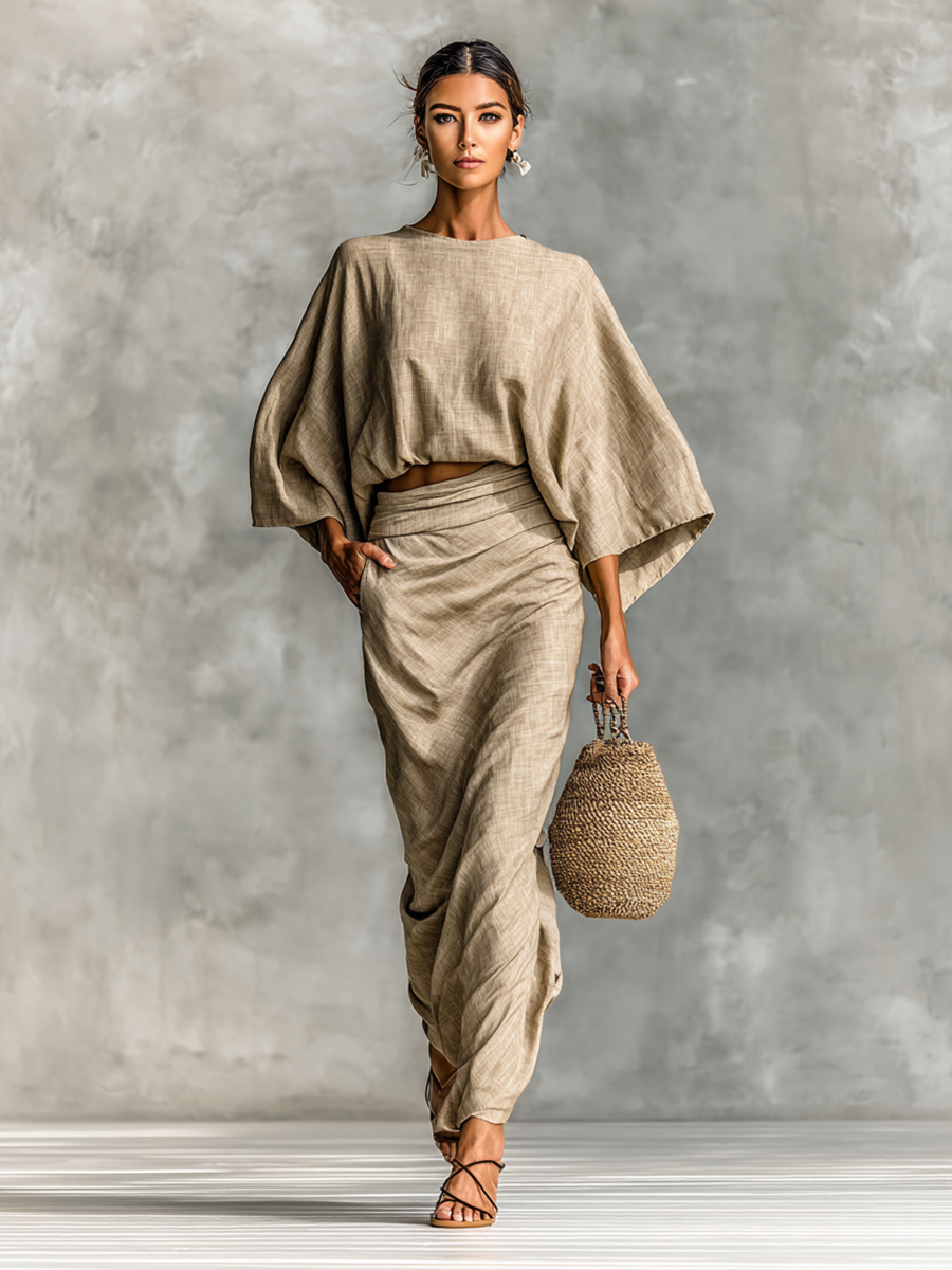 Evie Sherwin | Linen-Blend Batwing Top and Maxi Skirt Set For Women