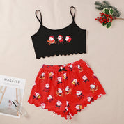 Winter Berry | Black Cami Green Santa Christmas Pyjamas For Women