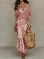 Harper Collins | Satin Maxi Skirt & Knit Sweater Set For Women