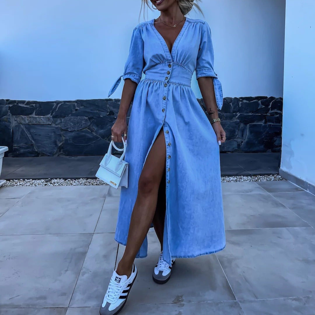 Lia Dalmore | Light Blue Button Front Denim Maxi Dress For Women