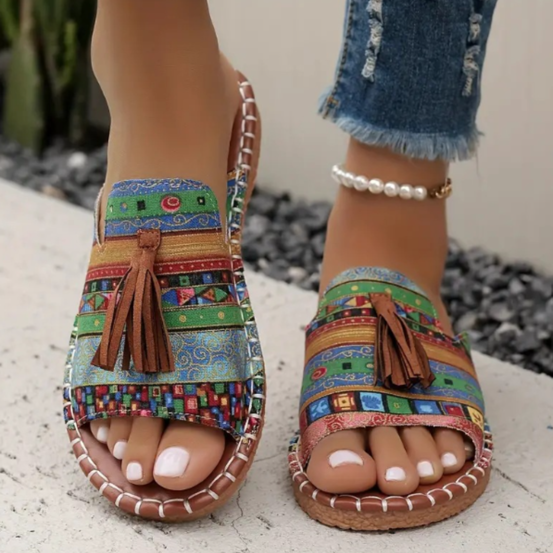 Naomi Kirkland | Woven Boho Sandals With Tassel Detail For Women