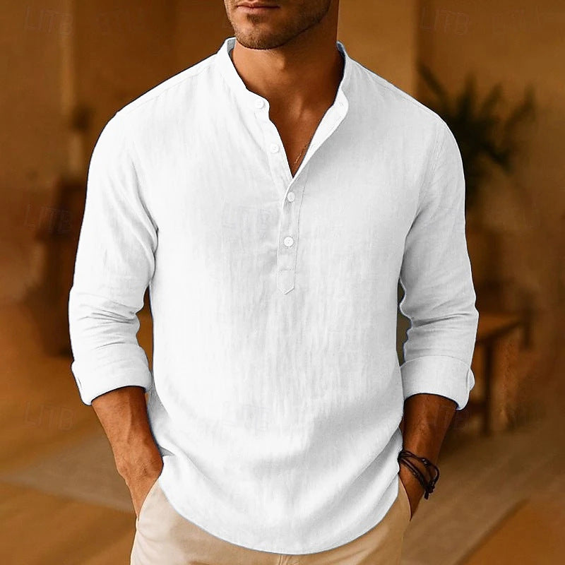 Nico Glenhurst | Sky Blue Linen Look Band Collar Shirt For Men