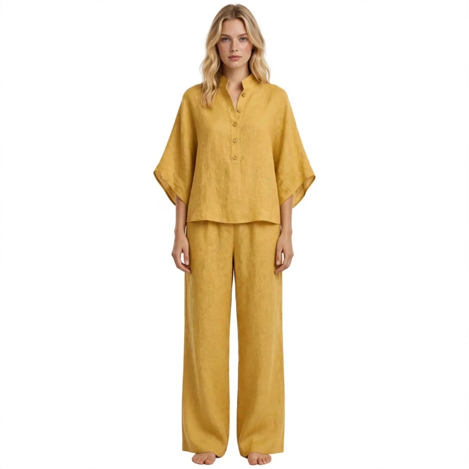 Ruby Fenton | Linen Batwing Sleeve Top and Wide-Leg Pants Set For Women