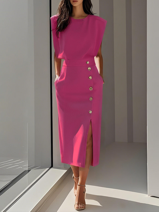 Rita Estton | Button Slit Sleeveless Midi Dress For Women
