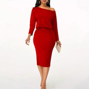 Evelina Bramstone | Red Off Shoulder Ruched Midi Dress For Women