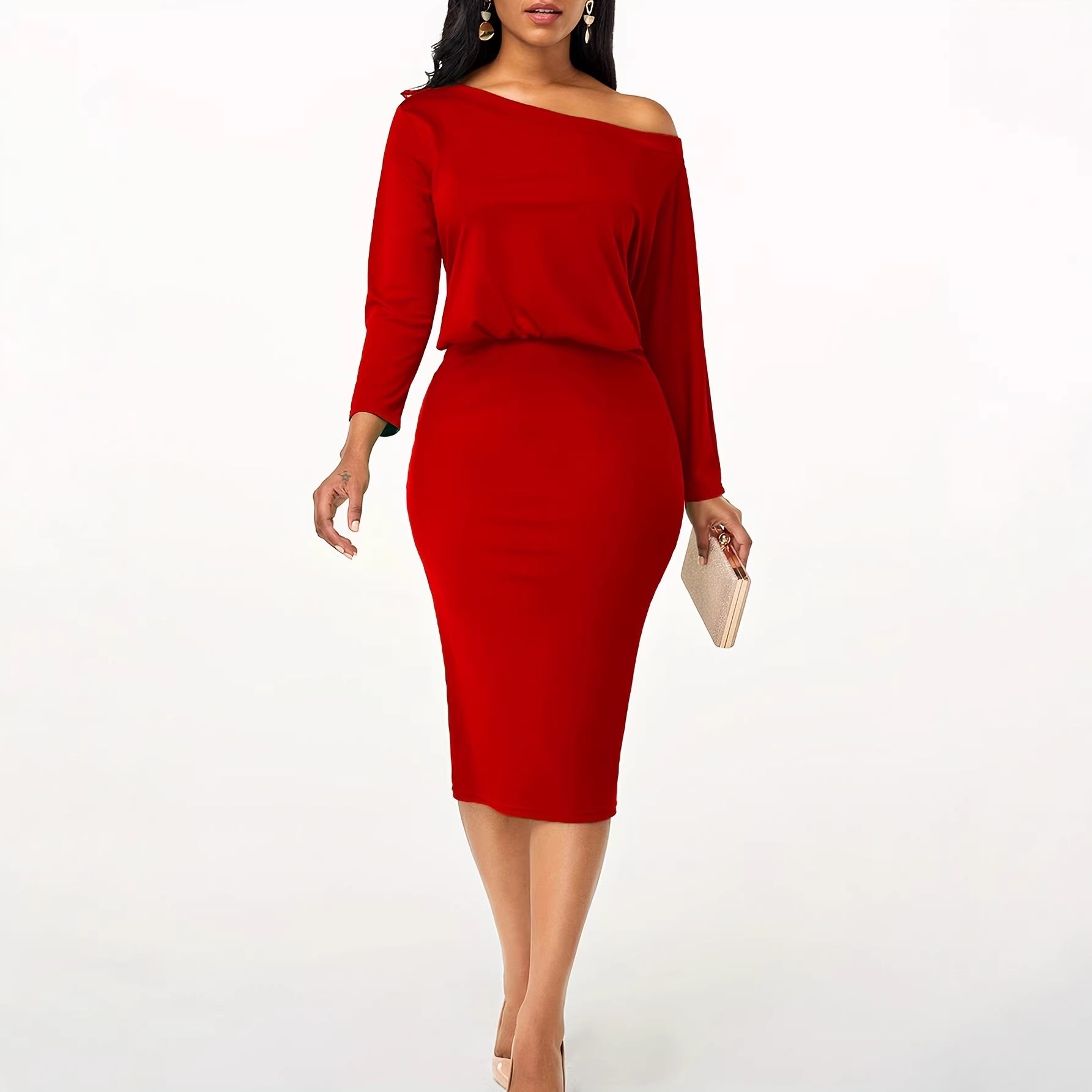 Evelina Bramstone | Red Off Shoulder Ruched Midi Dress For Women