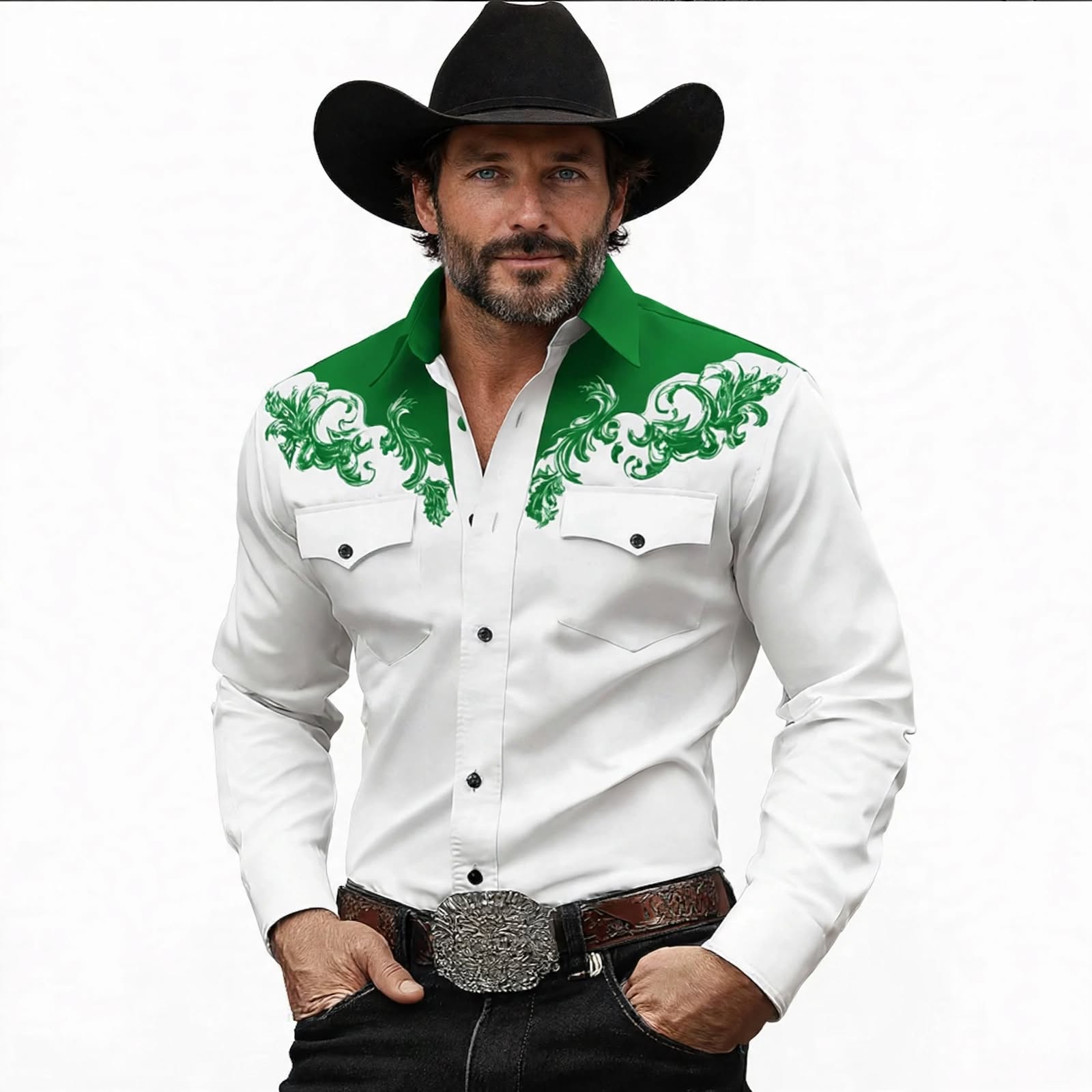 Fletcher Sowden | Green Yoke Embroidered Western Shirt For Men