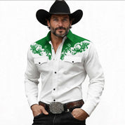 Fletcher Sowden | Green Yoke Embroidered Western Shirt For Men