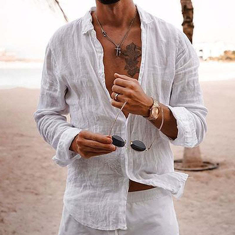 Nicola Saxcroft | Crinkle Linen-Look Long Sleeve Beach Shirt For Men