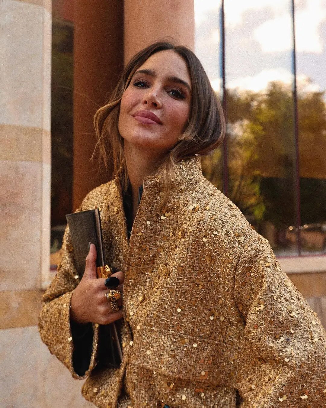 Sophia Evans | Gold Sequin Tweed Bomber Jacket For Women