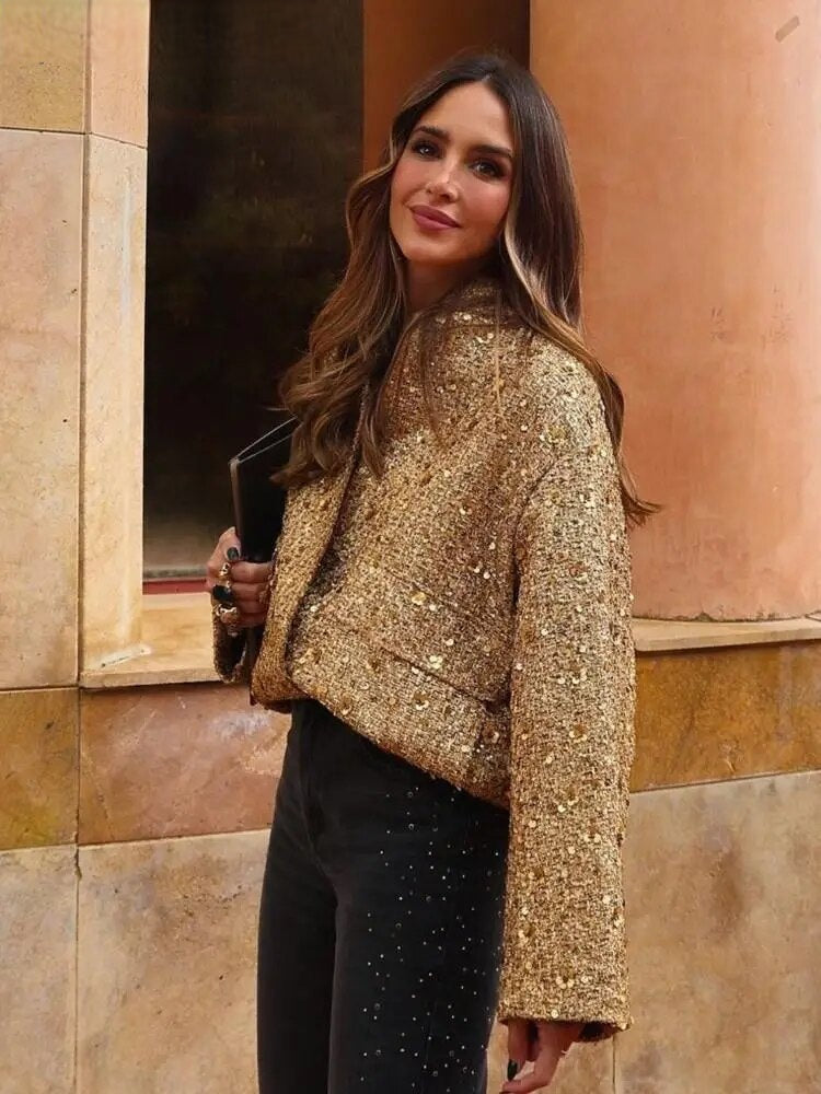 Sophia Evans | Gold Sequin Tweed Bomber Jacket For Women