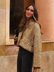Sophia Evans | Gold Sequin Tweed Bomber Jacket For Women