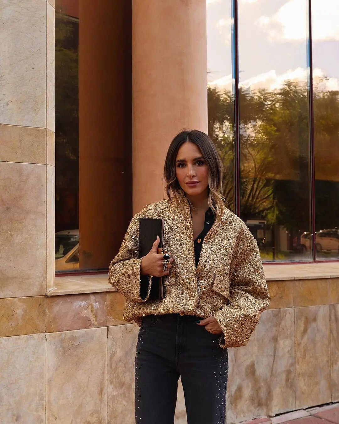 Sophia Evans | Gold Sequin Tweed Bomber Jacket For Women