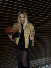 Sophia Evans | Gold Sequin Tweed Bomber Jacket For Women
