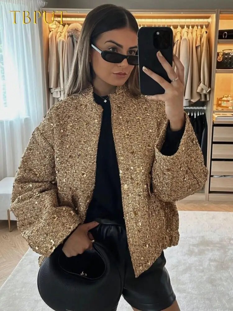 Sophia Evans | Gold Sequin Tweed Bomber Jacket For Women