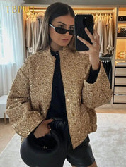 Sophia Evans | Gold Sequin Tweed Bomber Jacket For Women