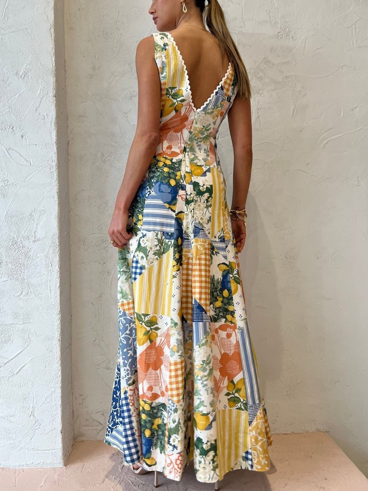 Rosalind Thackeray | Patchwork Print Maxi Dress With V-Neck For Women