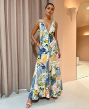 Rosalind Thackeray | Patchwork Print Maxi Dress With V-Neck For Women