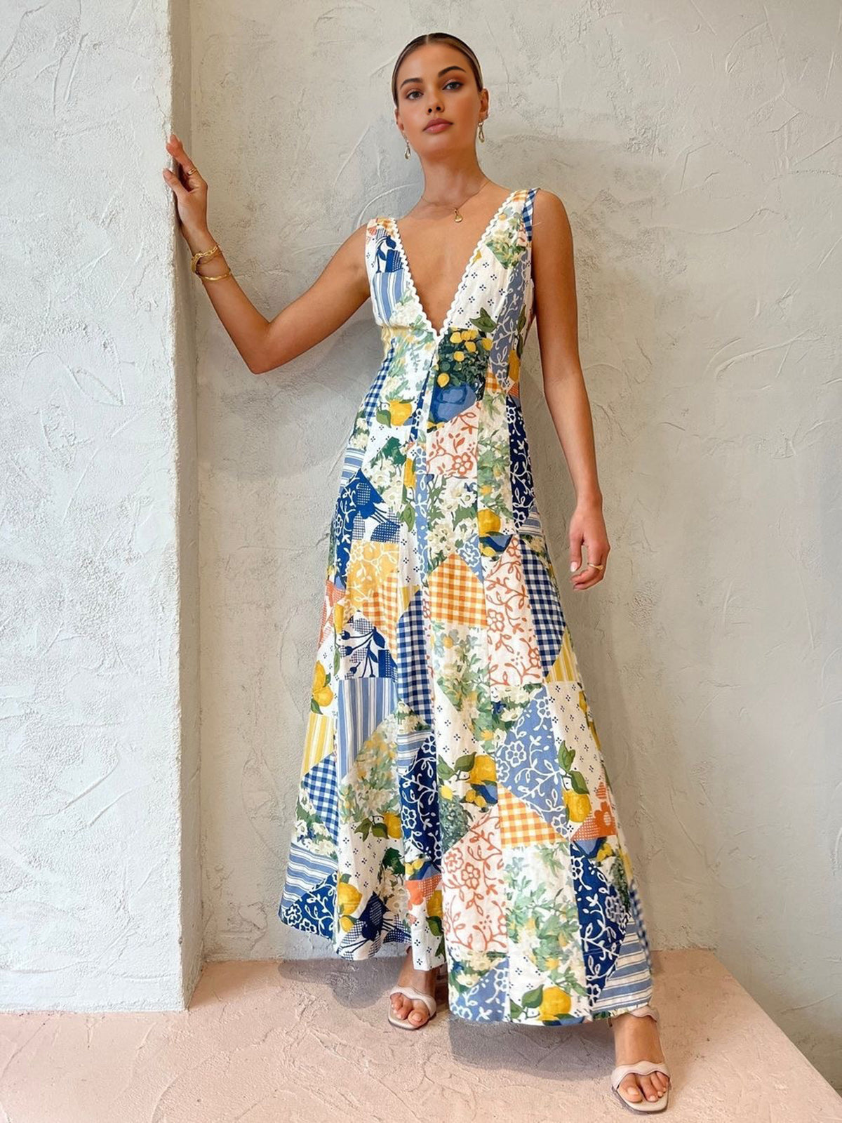 Rosalind Thackeray | Patchwork Print Maxi Dress With V-Neck For Women