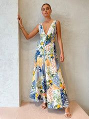 Rosalind Thackeray | Patchwork Print Maxi Dress With V-Neck For Women