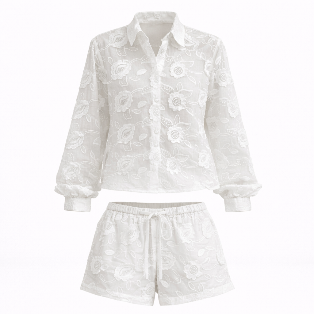Elise Drummond | White Floral Embroidered Two-Piece Set For Women