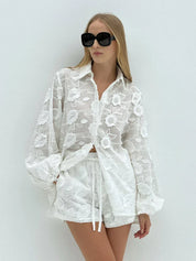 Elise Drummond | White Floral Embroidered Two-Piece Set For Women