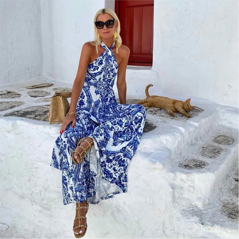 Tara Mitchell | Bohemian Blue Halter Neck Maxi Dress For Women