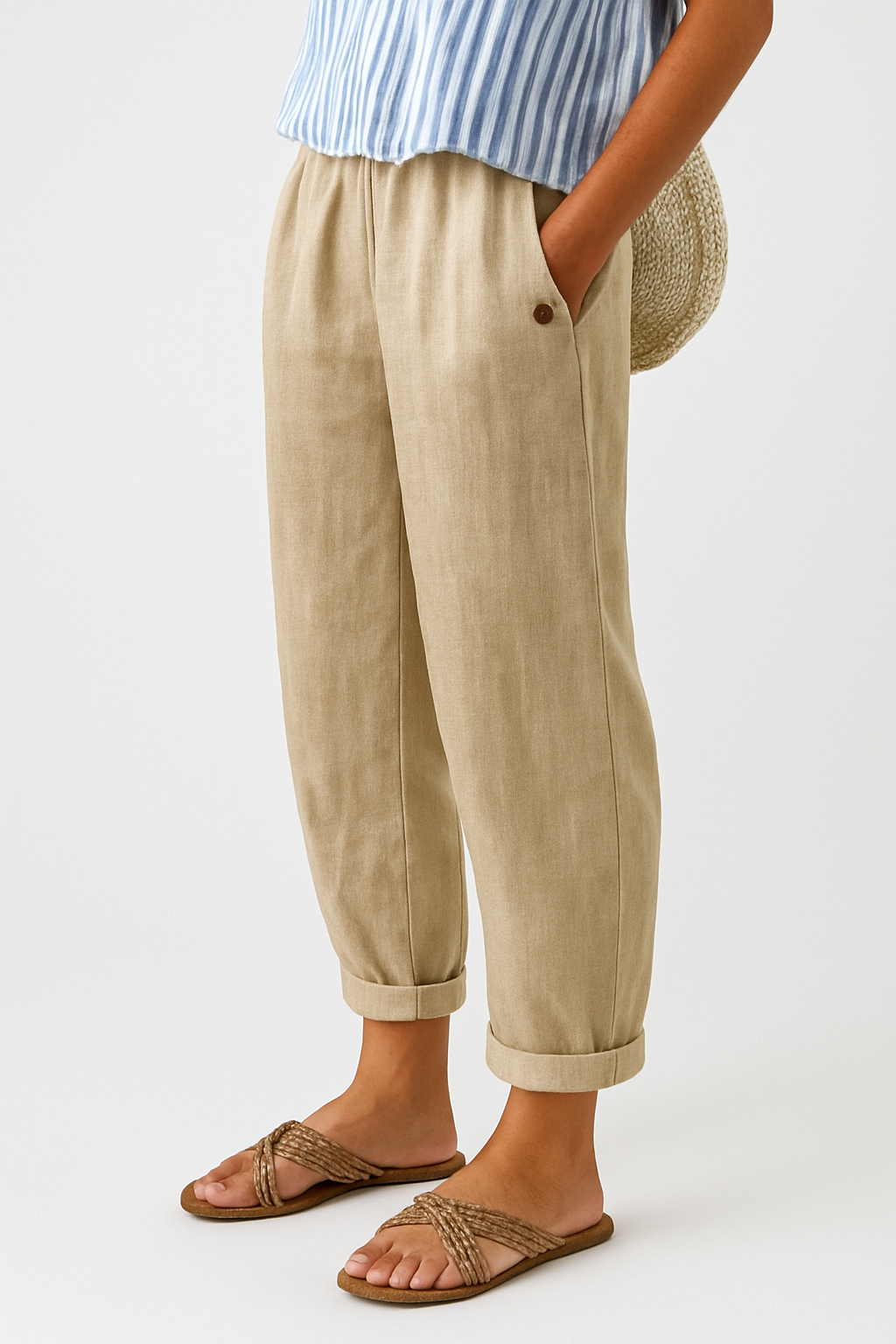 Luca Bianchi | Relaxed Linen Blend Cropped Trousers with Rolled Hem For Women
