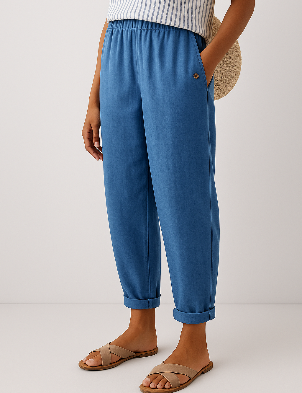 Luca Bianchi | Relaxed Linen Blend Cropped Trousers with Rolled Hem For Women