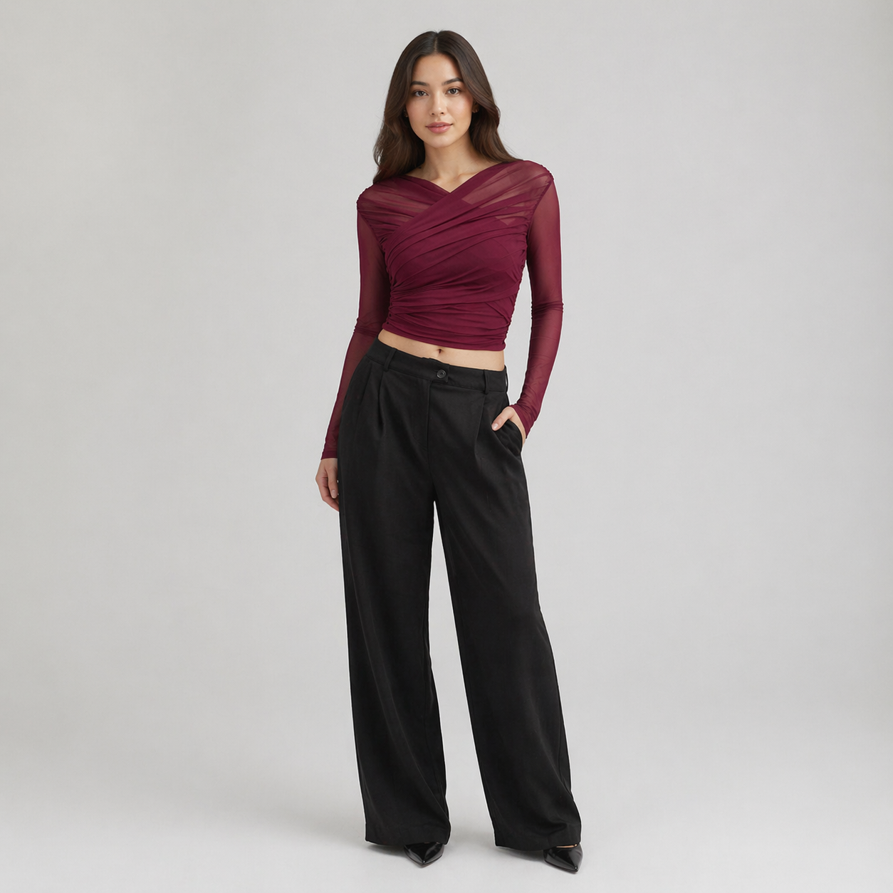 Élise Moreau | Ruched Wrap Mesh Top For Women