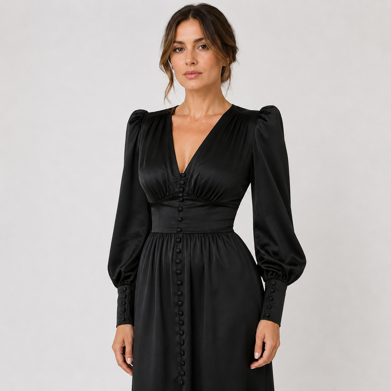 Isla Connelly | Button Down V-Neck Satin Midi Dress For Women