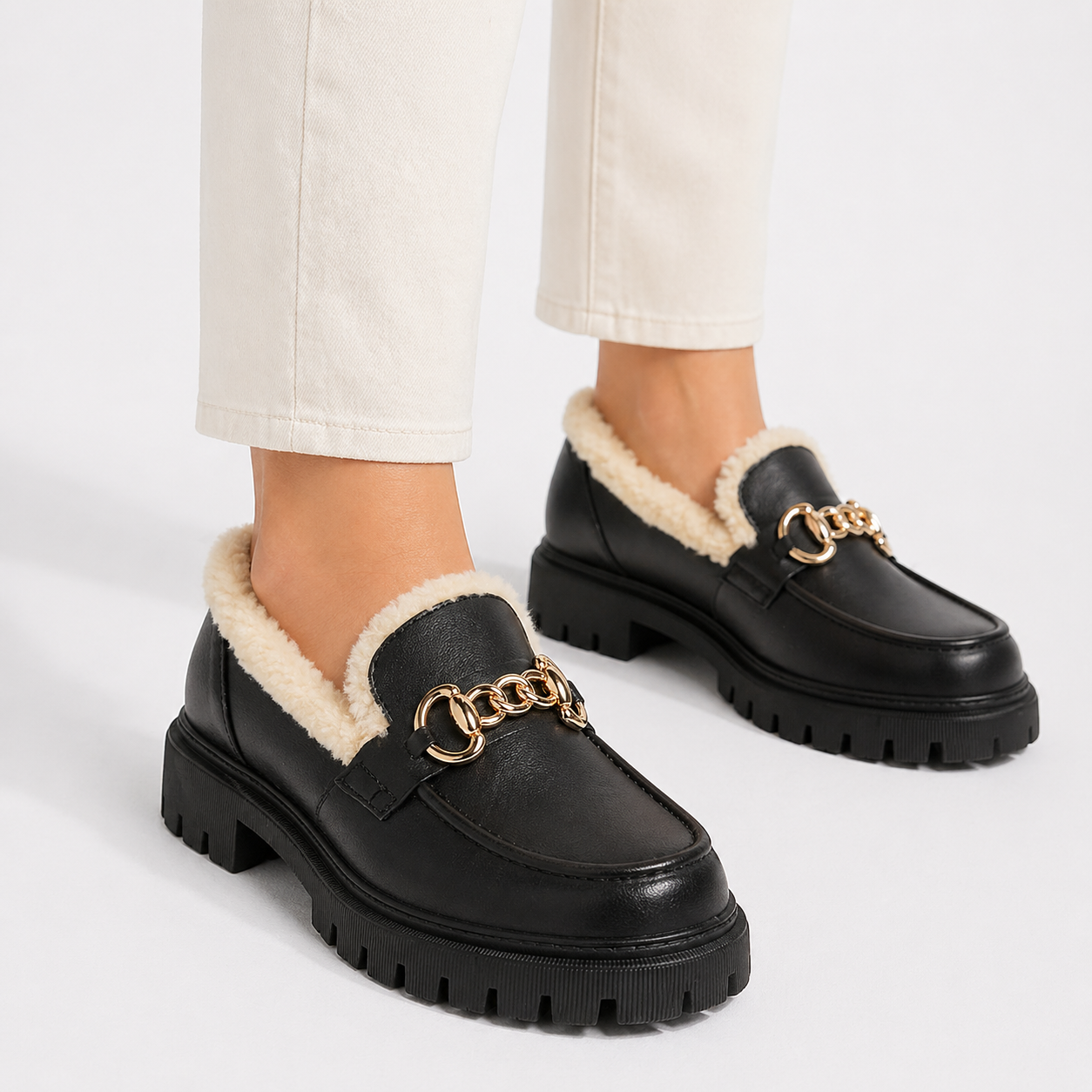 Giulia Moreau | Platform Fur-Lined Loafers with Gold Chain Detail For Women
