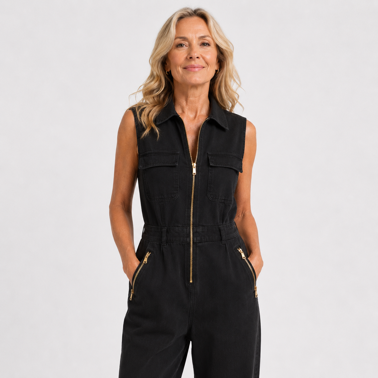 Hannah Clarke | Sleeveless Utility Jumpsuit with Gold Zip For Women