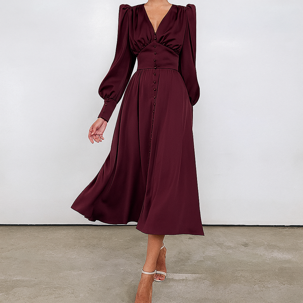 Isla Connelly | Button Down V-Neck Satin Midi Dress For Women