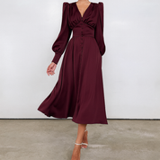 Isla Connelly | Button Down V-Neck Satin Midi Dress For Women