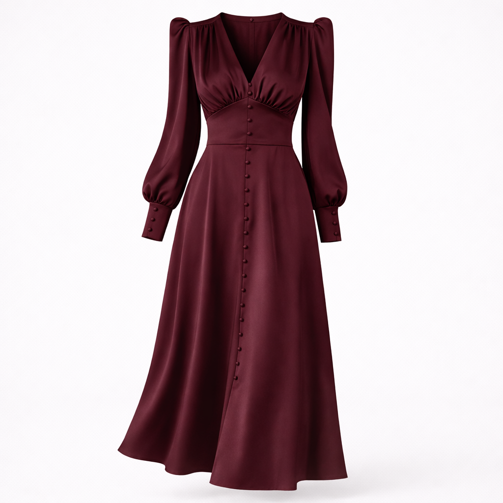 Isla Connelly | Button Down V-Neck Satin Midi Dress For Women
