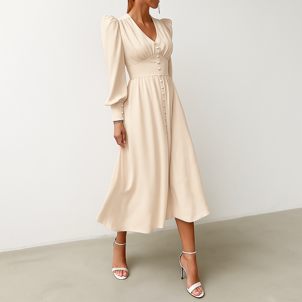 Isla Connelly | Button Down V-Neck Satin Midi Dress For Women