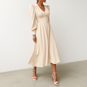 Isla Connelly | Button Down V-Neck Satin Midi Dress For Women