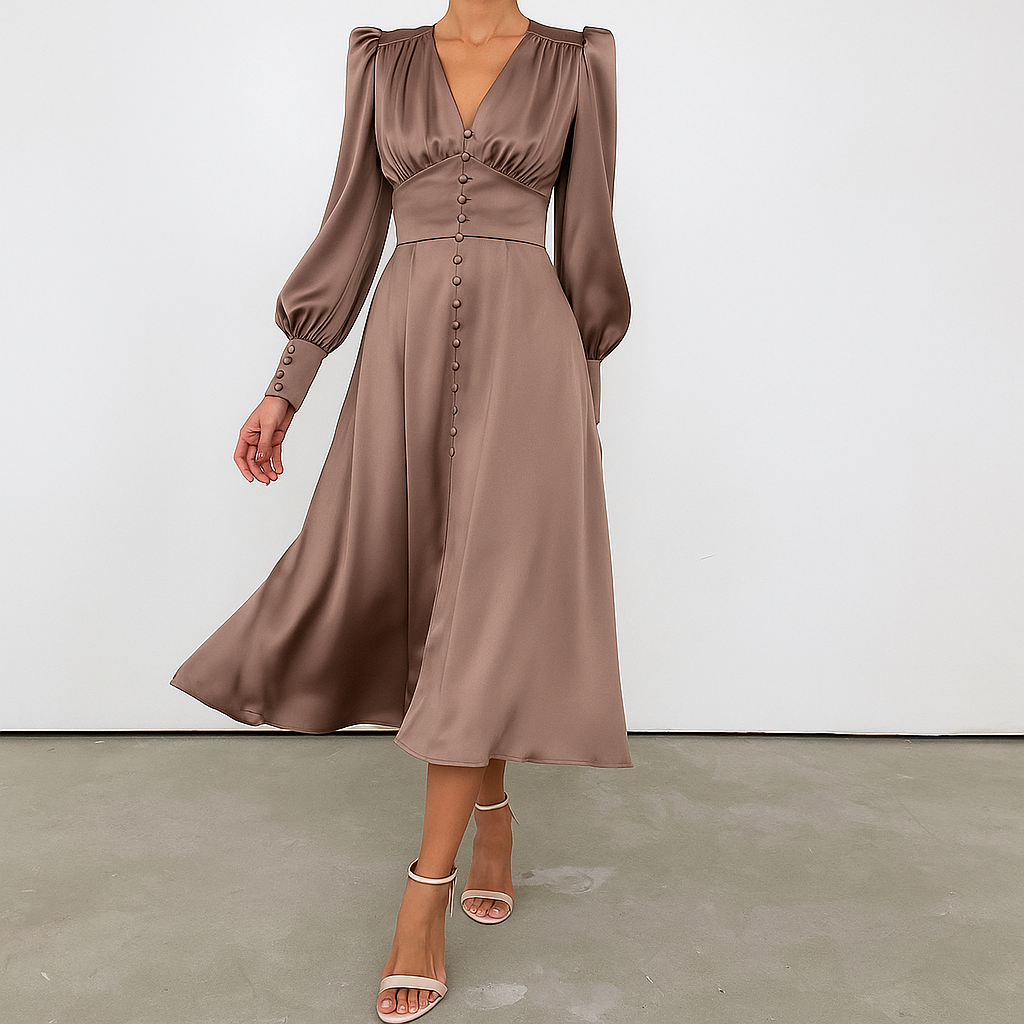 Isla Connelly | Button Down V-Neck Satin Midi Dress For Women