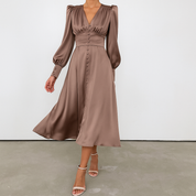 Isla Connelly | Button Down V-Neck Satin Midi Dress For Women