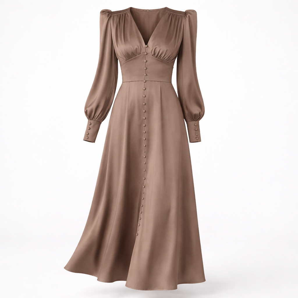 Isla Connelly | Button Down V-Neck Satin Midi Dress For Women